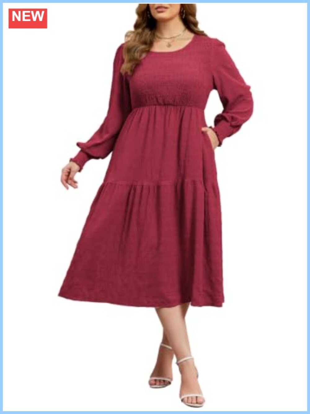 Women's Long Sleeve Smocked Midi Dress Wedding Guest Cocktail Formal